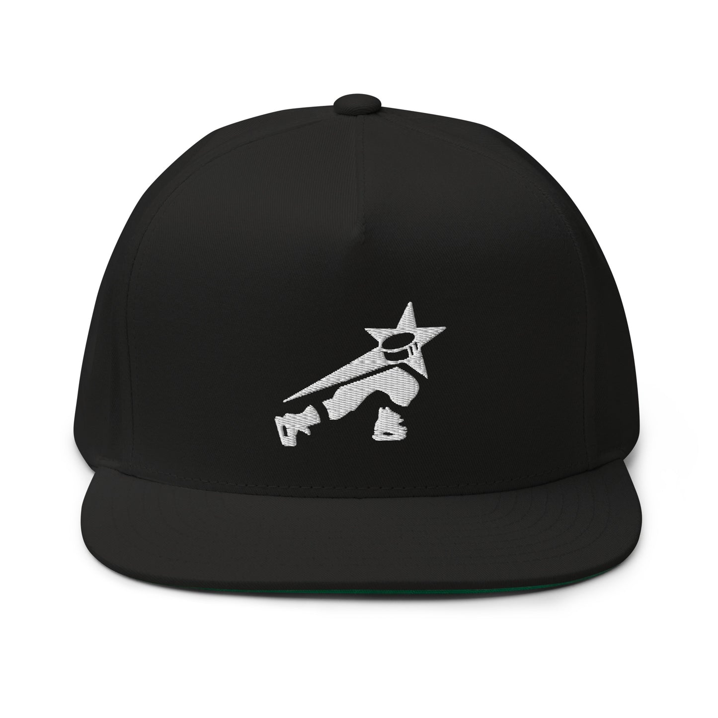 black snapback cap with a white hockey player logo