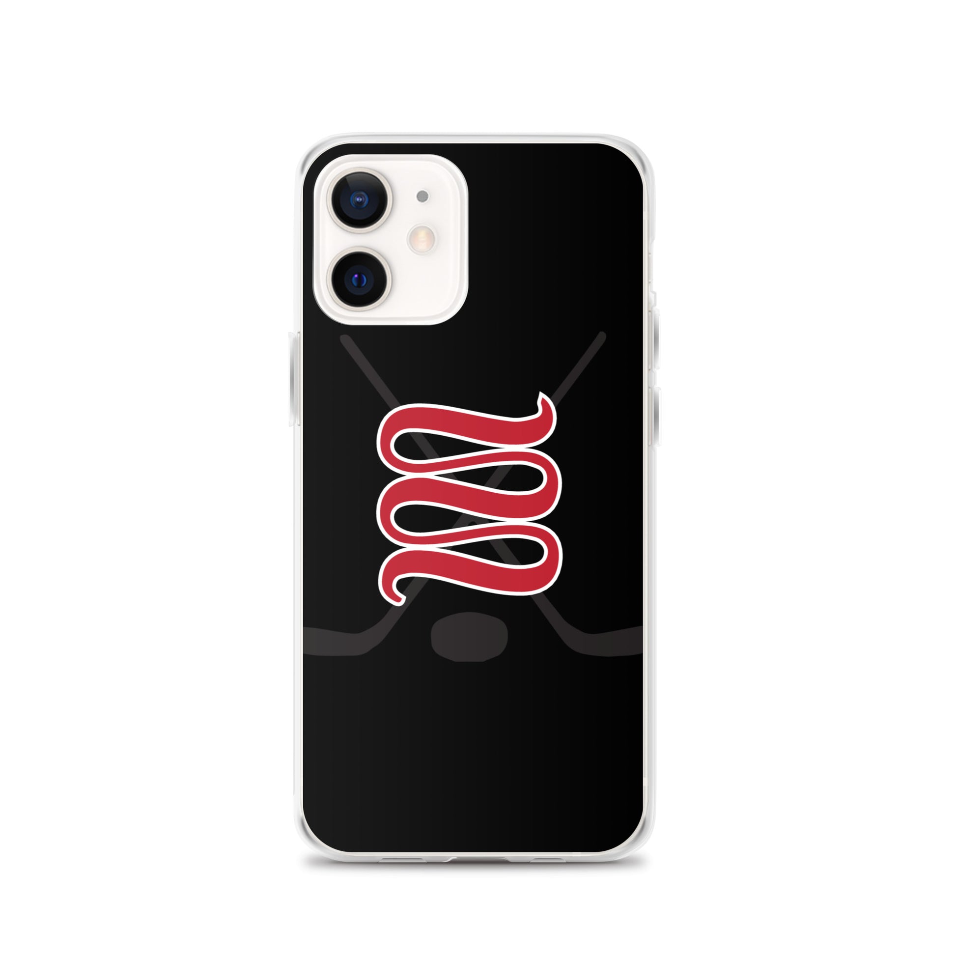 Clear smartphone case with a black background, featuring a bold red intertwined design centered on the back.