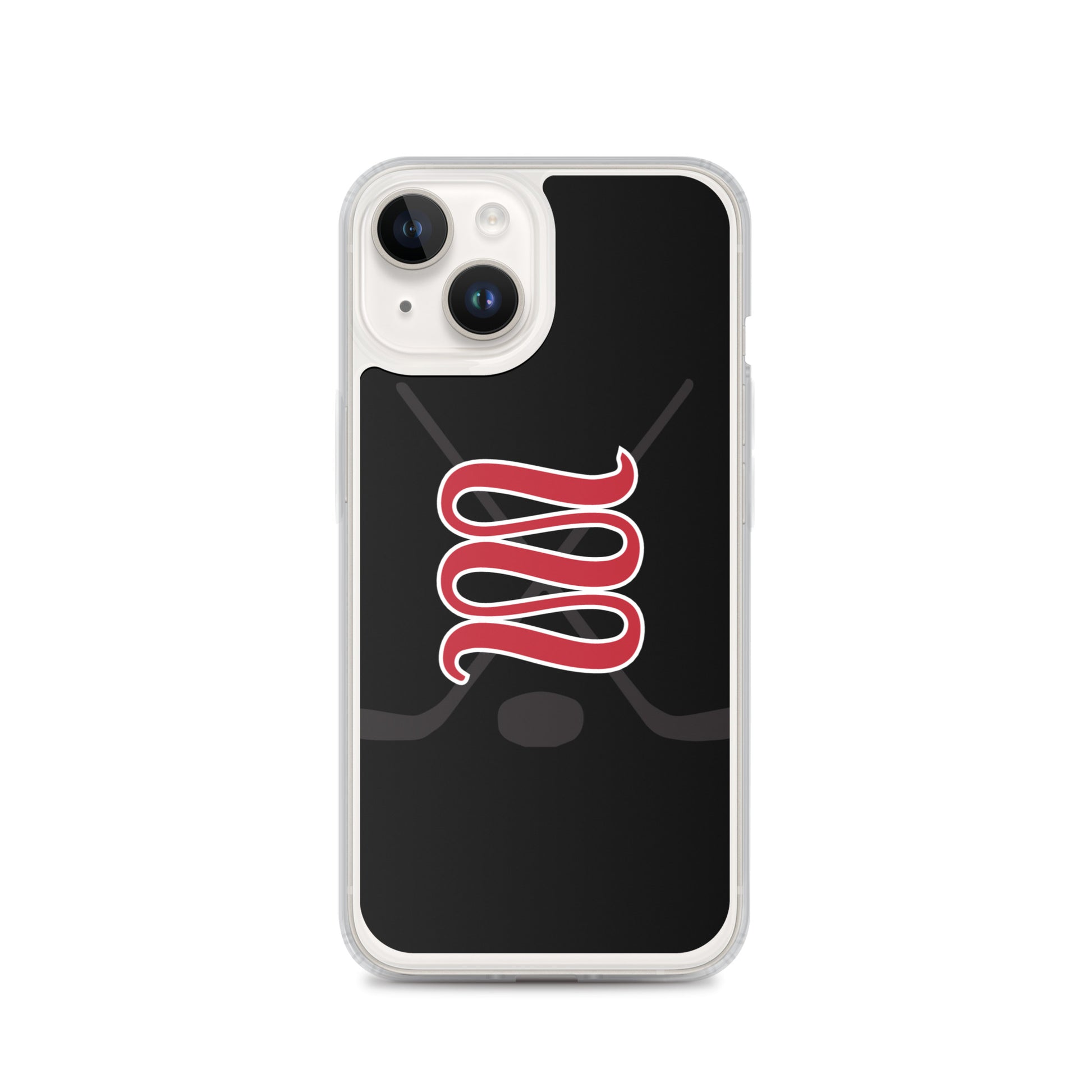 Smartphone with a clear case featuring a red hockey lace logo design on the back