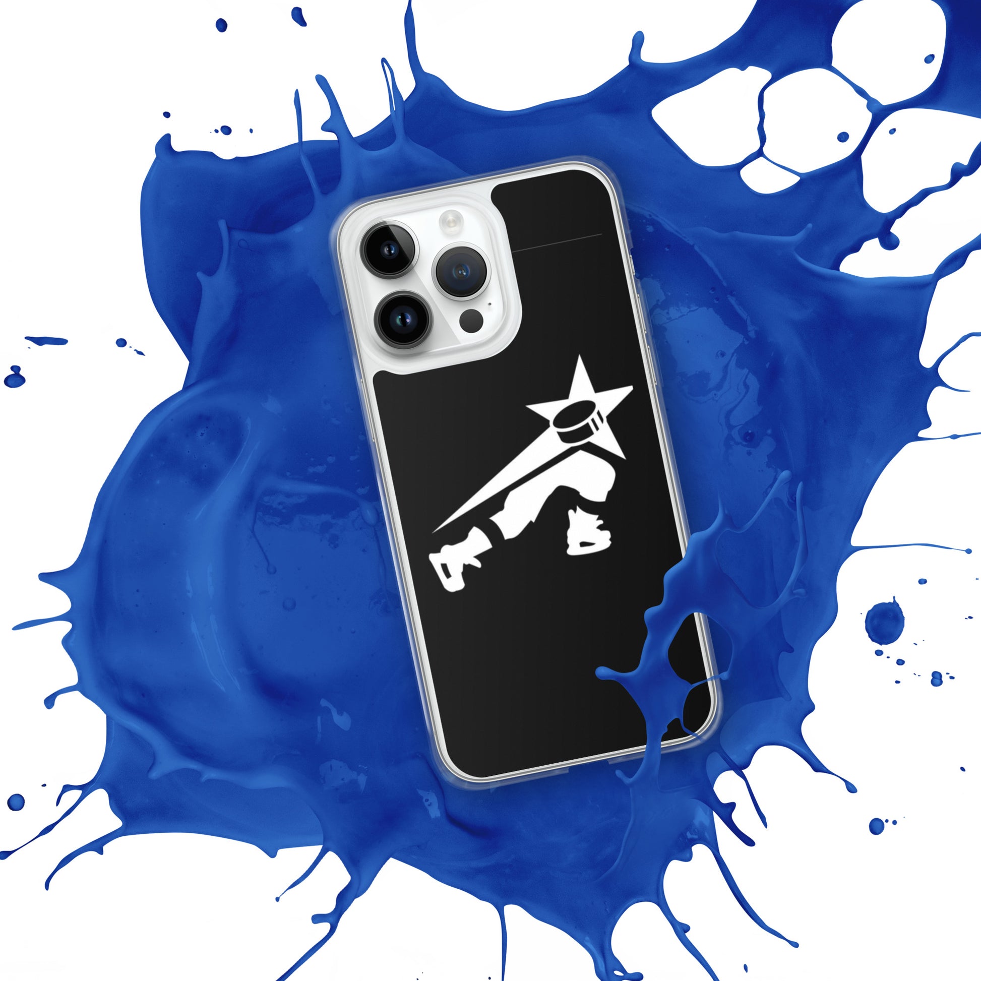 iPhone blue case featuring a stylized white character with a star head, placed atop a spilled white liquid background