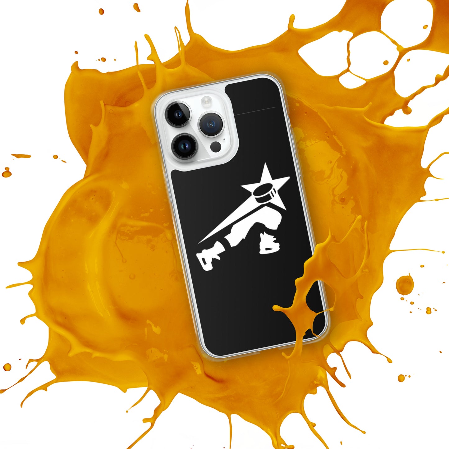 iPhone orange  case featuring a stylized white character with a star head, placed atop a spilled white liquid background