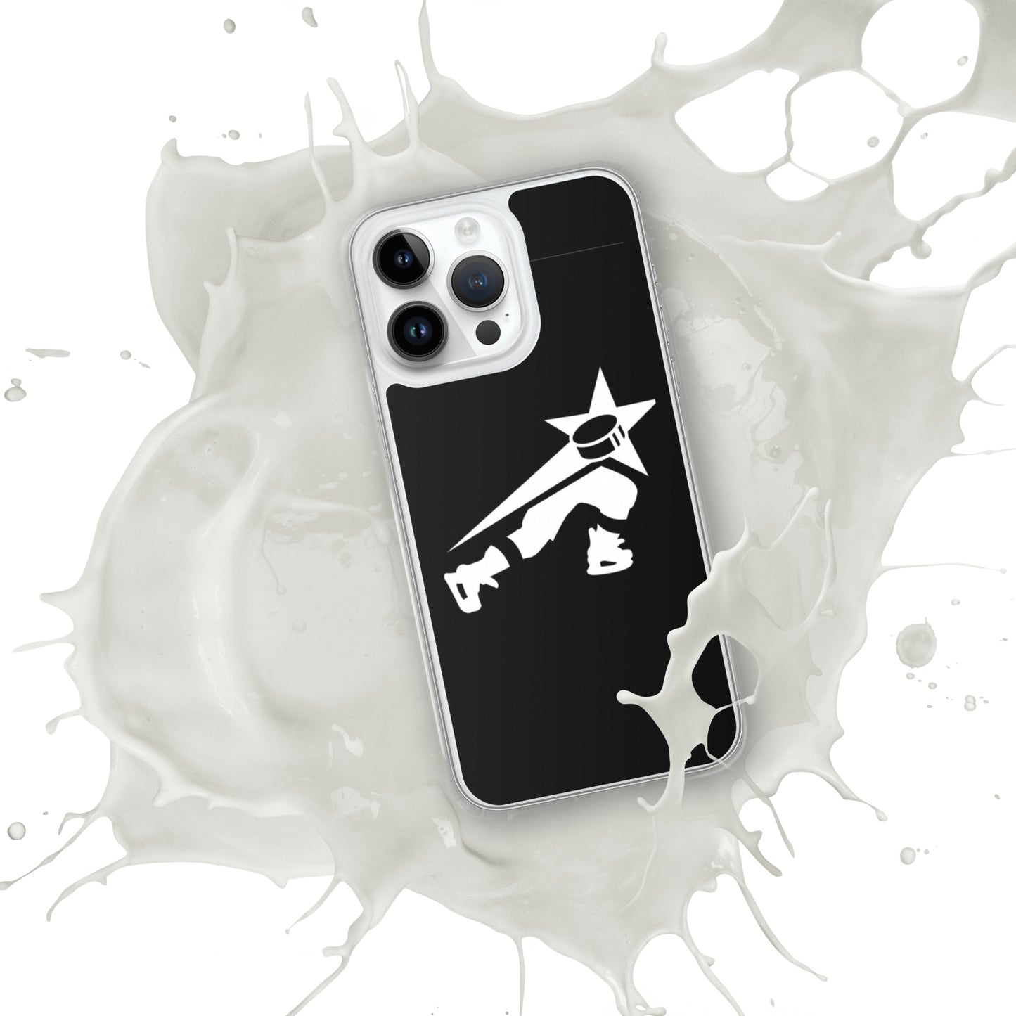 iPhone black case featuring a stylized white character with a star head, placed atop a spilled white liquid background