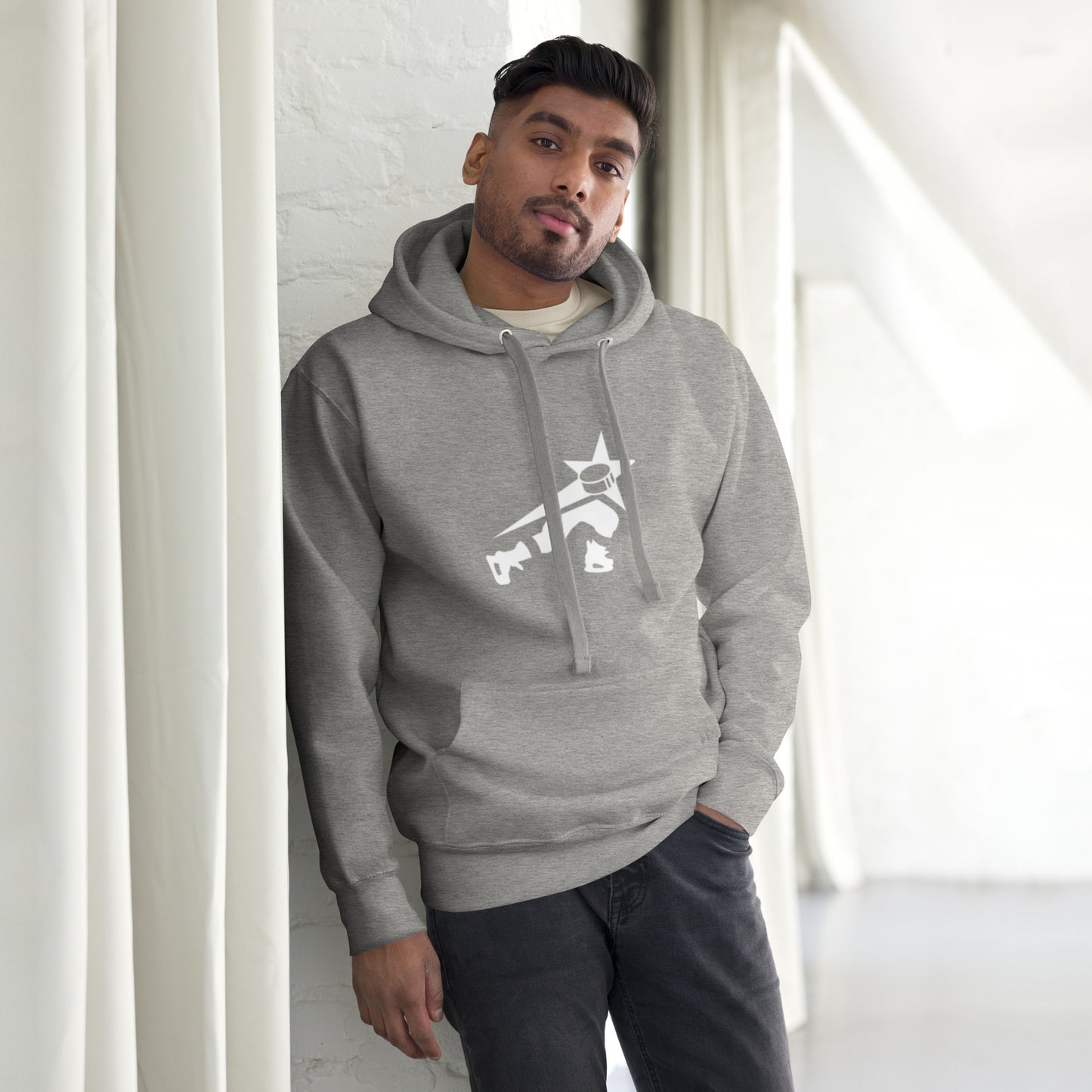 Confident man wearing a gray heather gray hoodie 